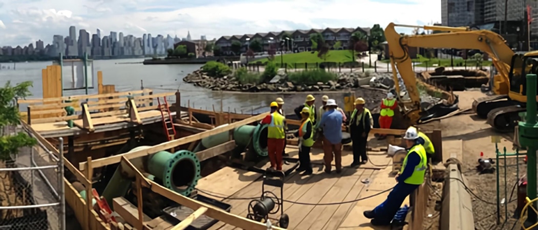 View of construction site with skyline in background